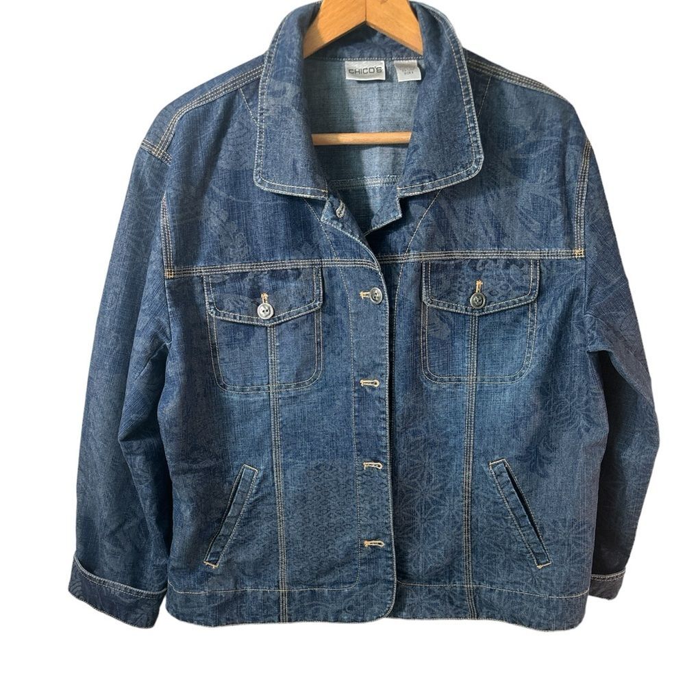 Chico’s sapor tanya denim indigo jean jacket size 2- L Floral Cottagecore